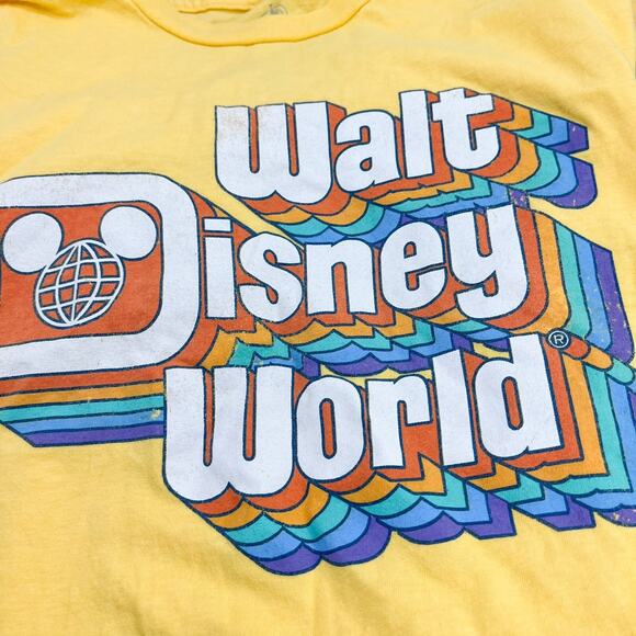 Disney Parks Walt Disney World Retro Rainbow Logo Mickey Yellow Shirt Size Med - Picture 3 of 7